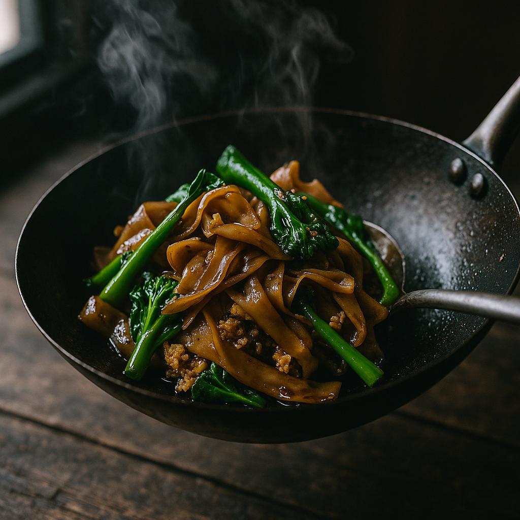 Pad See Ew wie in Bangkok: Breite Reisnudeln mit Gai Lan, Ei und Wok‑Aroma