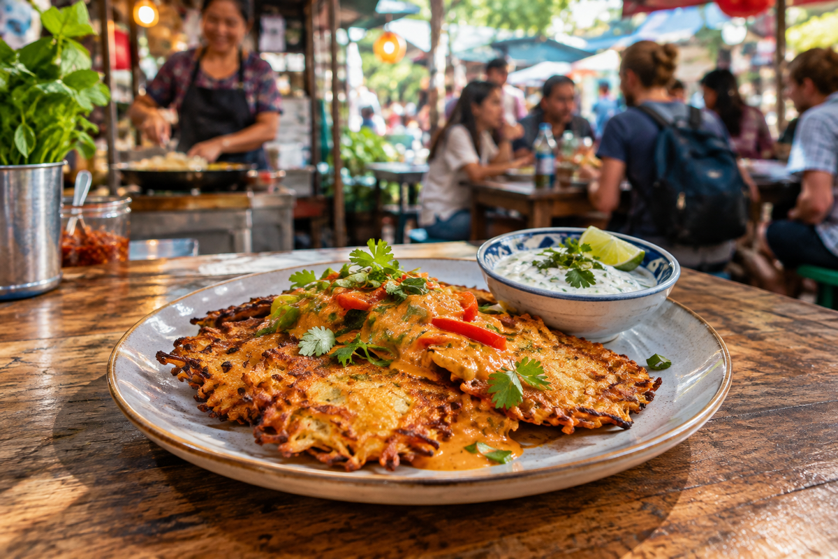 Kartoffel-Rösti mit rotem Curry und Limetten-Kräuterquark