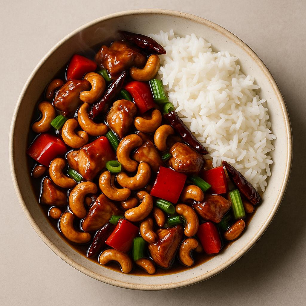 Thai Cashew‑Hähnchen (Gai Pad Med Mamuang) mit Paprika, Frühlingszwiebeln und gerösteten Cashews in glänzender Sauce, serviert mit Jasminreis