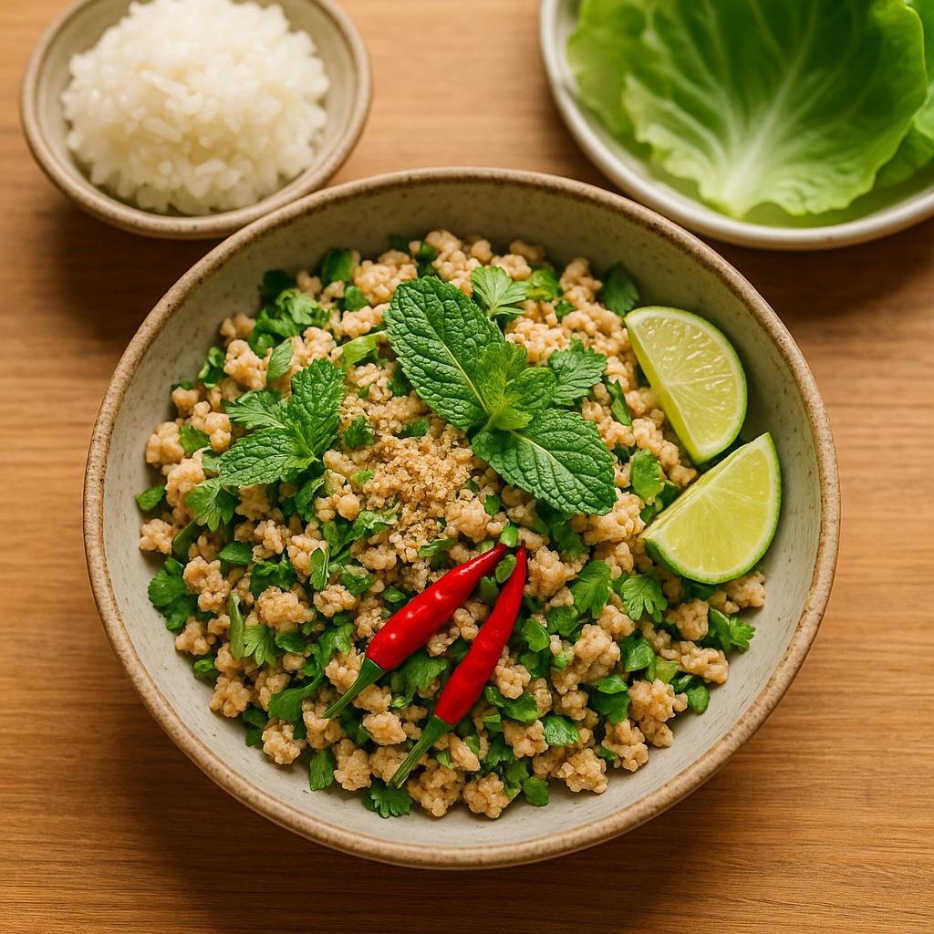 Larb Gai Rezept: Thai Hähnchen-Hack-Salat mit Minze, Limettensaft, Chili und geröstetem Reispulver, serviert in Salatblättern mit Klebreis