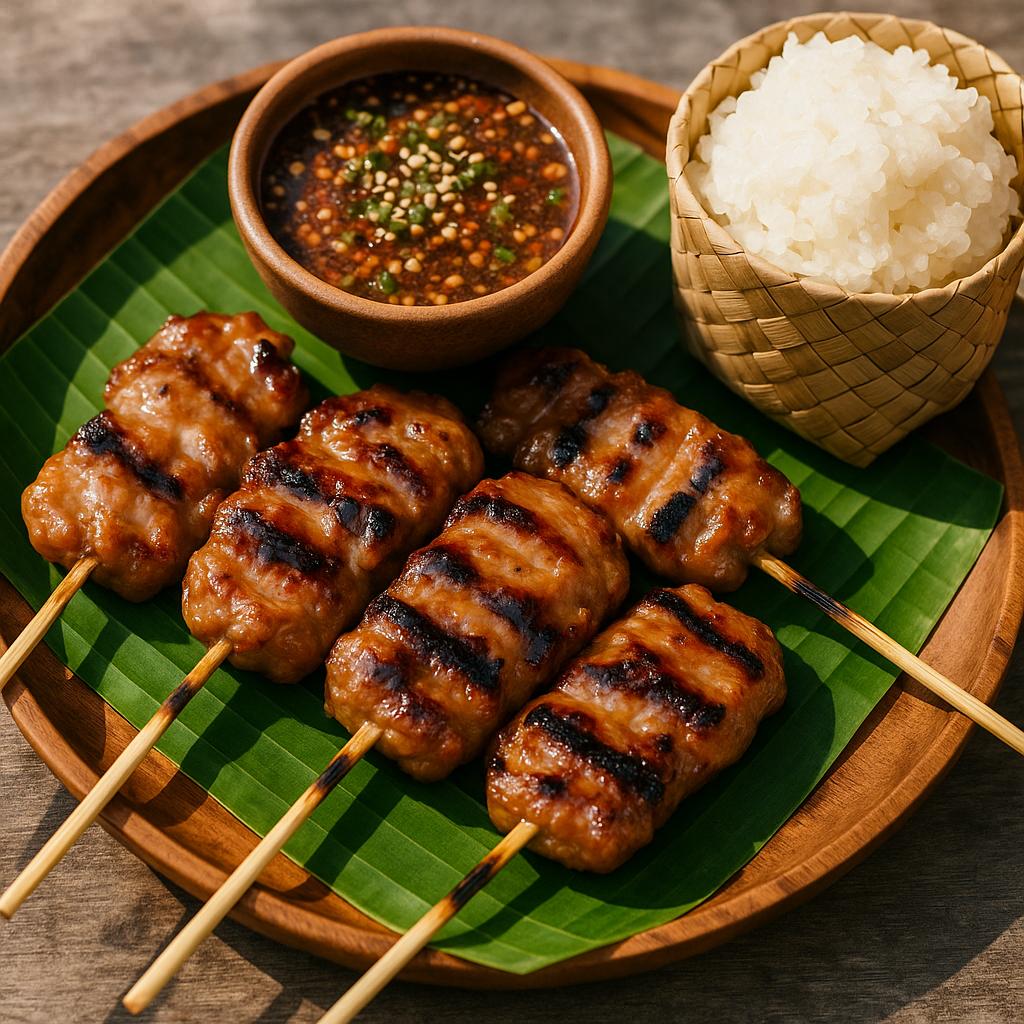 Moo Ping Rezept: thailändische Schweinespieße vom Grill mit karamellisierter Kokosmarinade, Klebreis und Jaew-Dip auf Bananenblatt