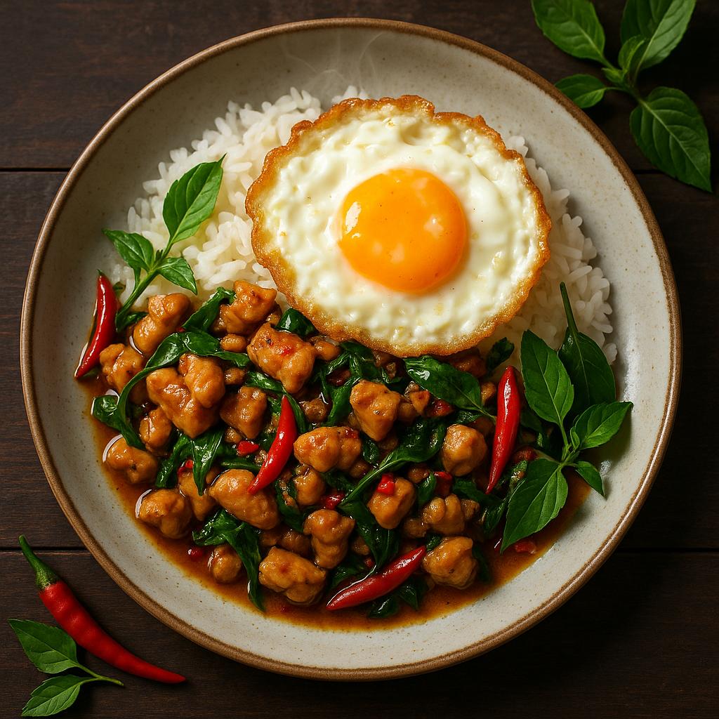 Authentisches Pad Kra Pao – thailändisches Basilikum-Hähnchen mit knusprigem Spiegelei auf Jasminreis