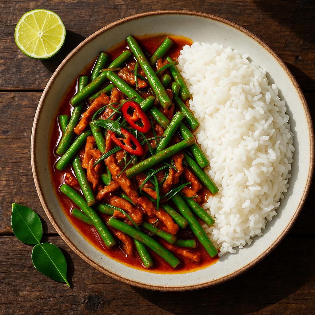 Pad Prik Khing Rezept: Thai Dry Curry mit grünen Bohnen, roter Currypaste und Kaffir‑Limettenblättern auf Jasminreis