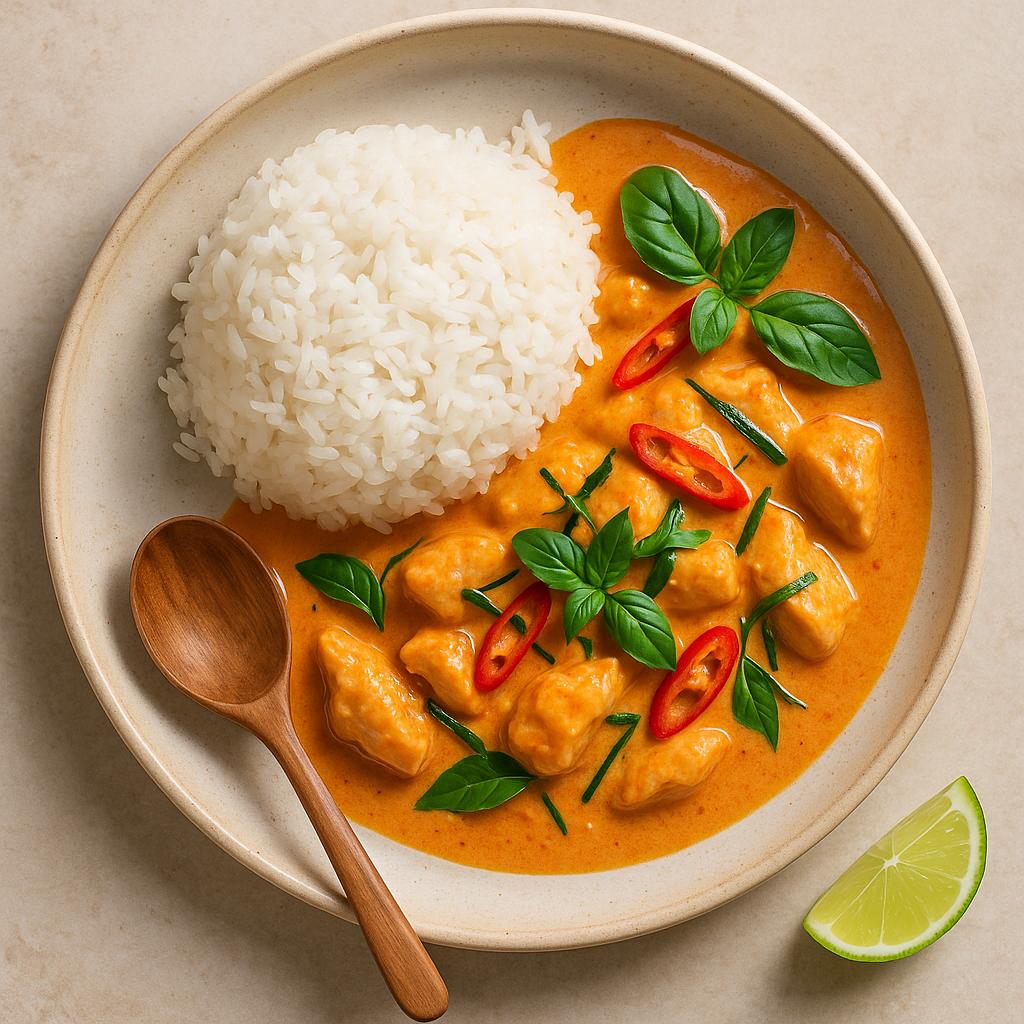 Panang Curry in Schale mit cremiger Kokossauce, Kaffir-Limettenblättern, Thai-Basilikum und Jasminreis – authentisches Thai-Rezept