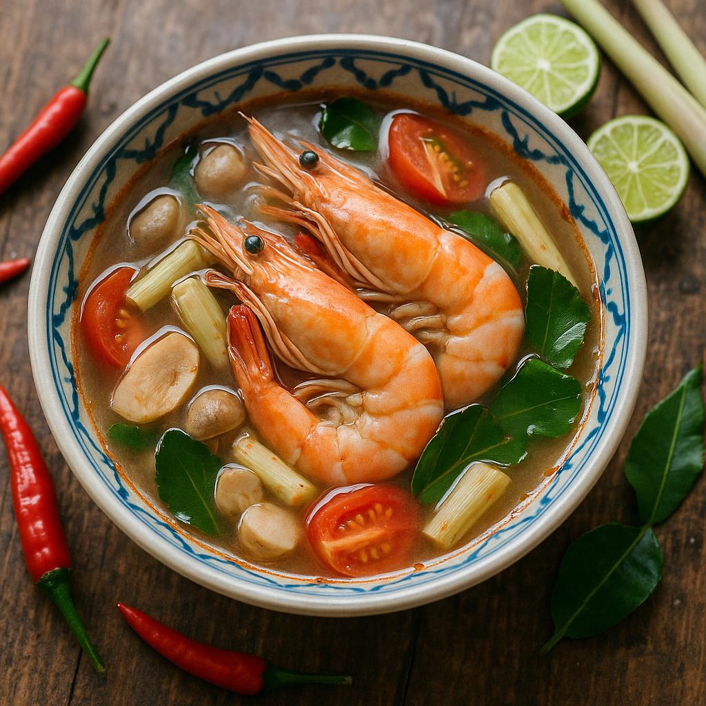 Tom Yum Goong – aromatische thailändische Garnelensuppe mit Zitronengras, Galgant, Kaffirlimettenblättern und Chili, authentisches Rezept