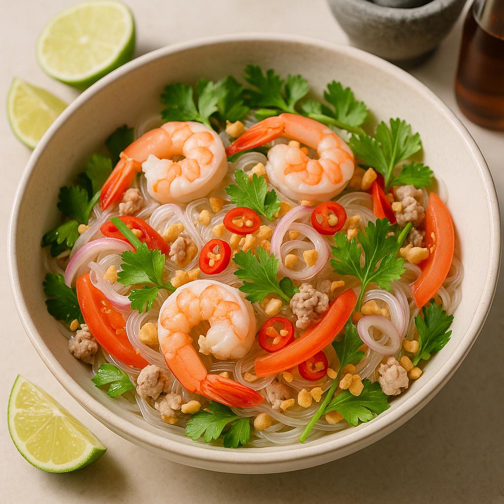 Schüssel mit Yam Woon Sen, thailändischem Glasnudelsalat mit Garnelen, Koriander, Chili, Tomate und Limette – authentisches, schnelles Rezept