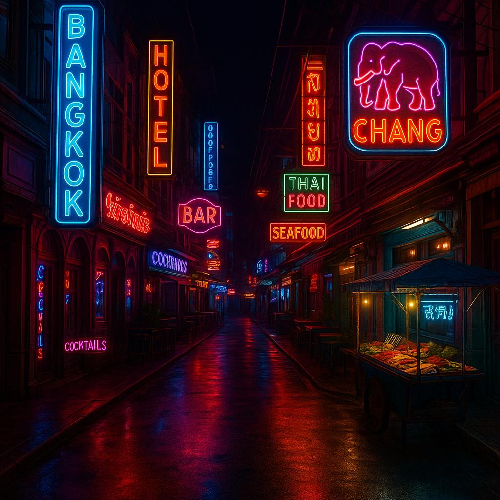 Straße in Bangkok bei Nacht mit Neonlichtern, Bars und Street Food – Symbolbild für das aufregende Nachtleben
