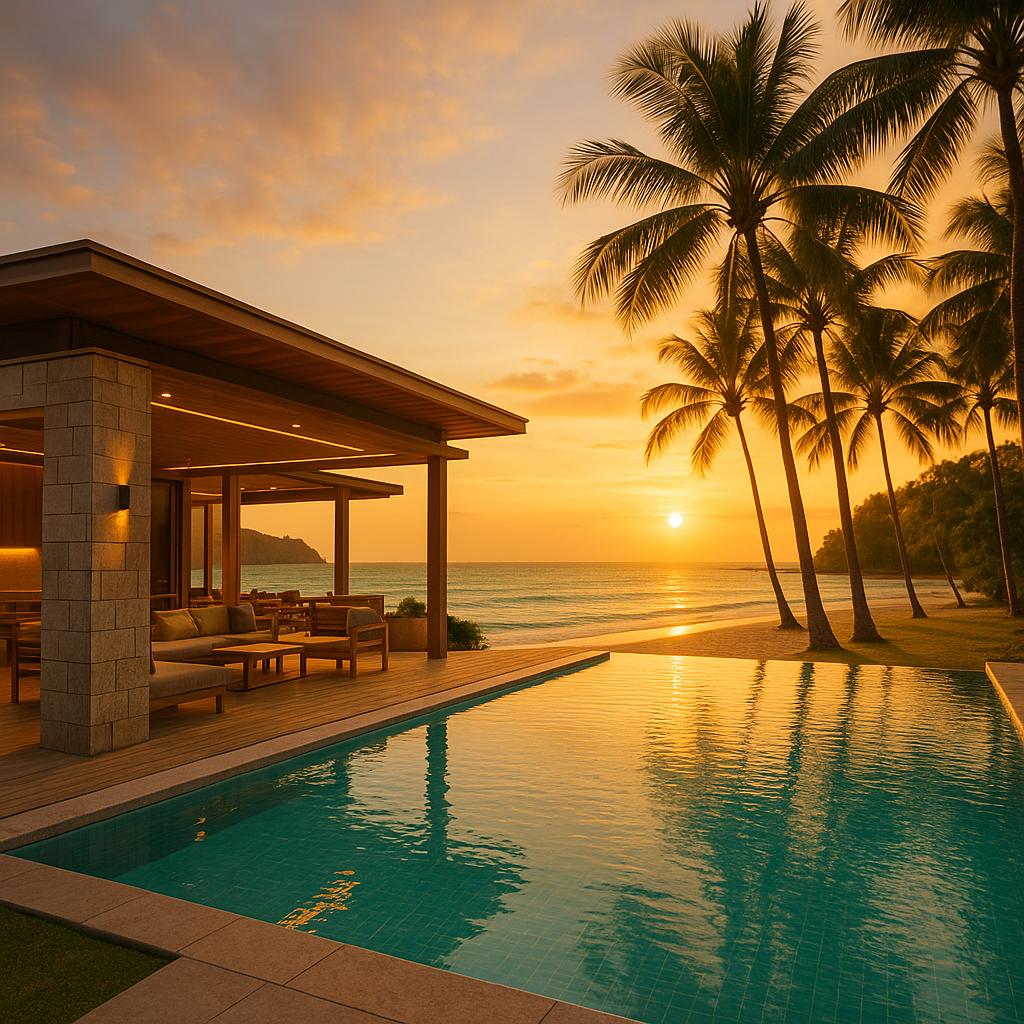 Stimmungsvoller Blick auf den Beachclub Café del Mar Phuket mit Pool und Palmen am Kamala Beach bei Sonnenuntergang, ohne Menschen