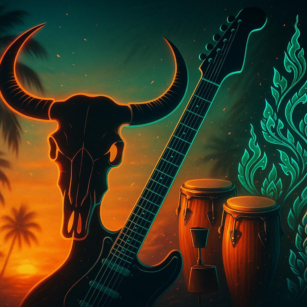Symbolgrafik zu Carabao: Wasserbüffel-Silhouette, E-Gitarre und Congas vor thailändischen Ornamenten im Neon-Look – Latin Rock trifft Samcha in Thailand