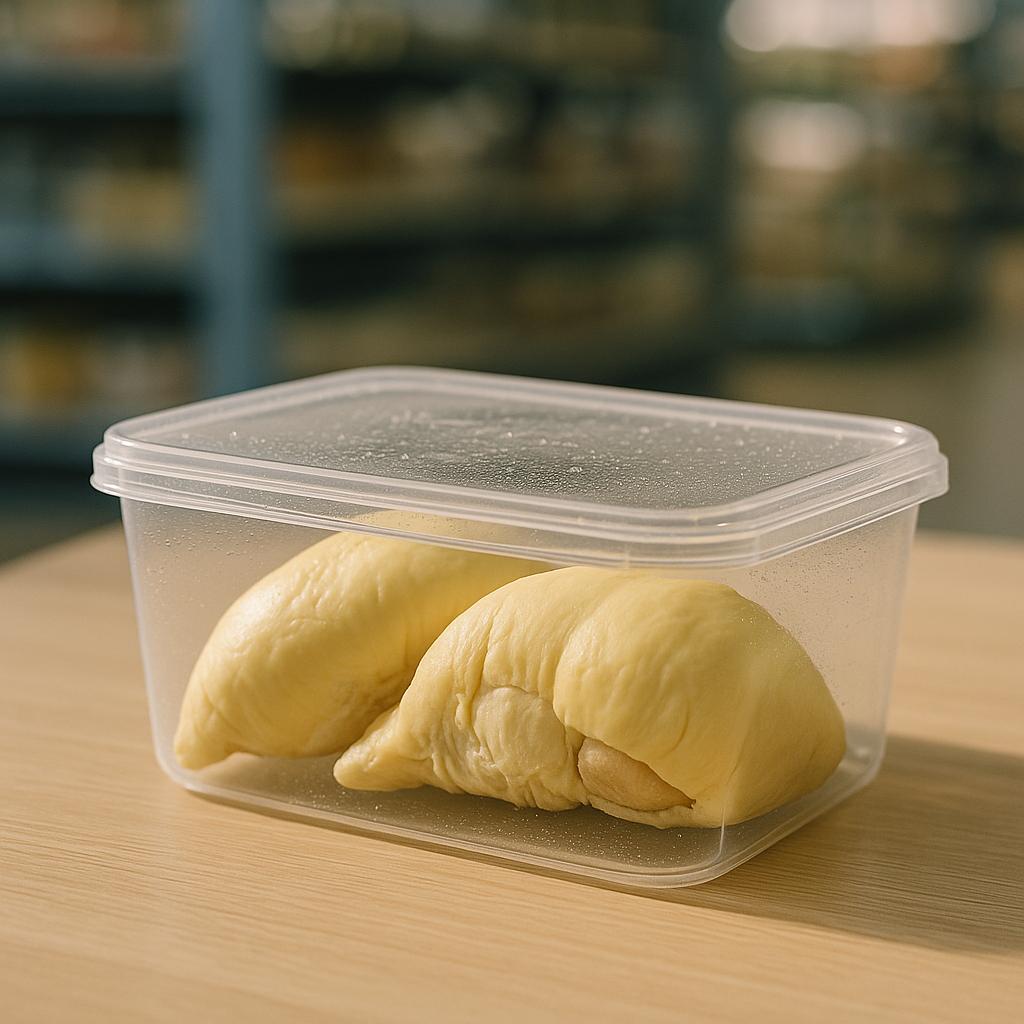 Zwei Durian-Stücke in transparenter, versiegelter Box auf Holztisch – gefrorenes Durian-Fruchtfleisch, geruchsstark und cremig, gekauft im Asia-Supermarkt