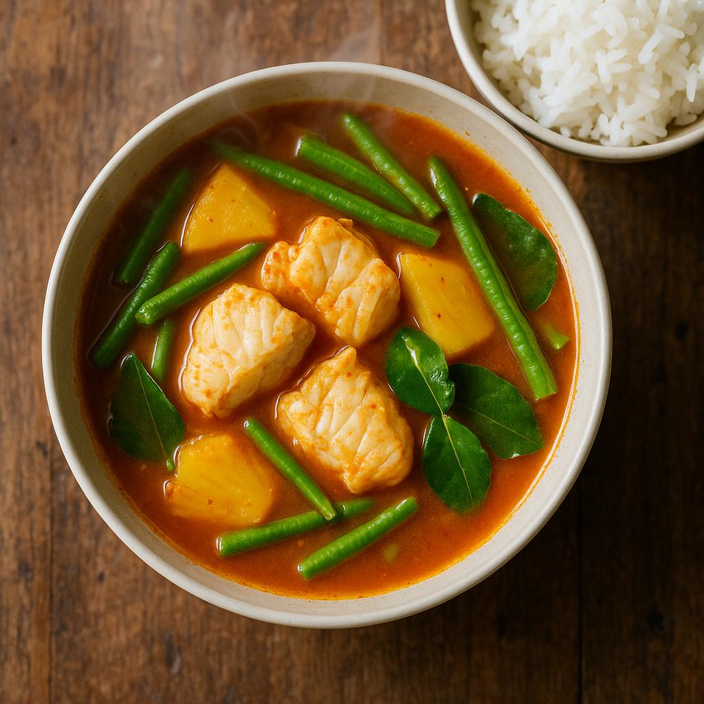 Leuchtend-oranges Gaeng Som mit zarten Fischstücken und Ananas in einer Schale, daneben Jasminreis – thailändisches Tamarinden-Curry ohne Kokosmilch.