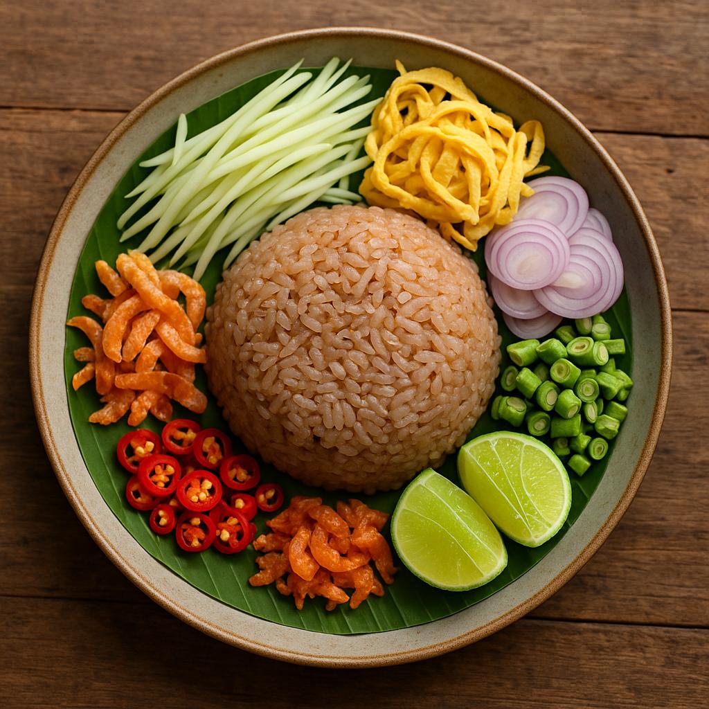 Khao Kluk Kapi: thailändischer Reis mit Garnelenpaste, umgeben von grüner Mango, Omelettstreifen, Bohnen, Schalotten, Chili und Limette auf Bananenblatt