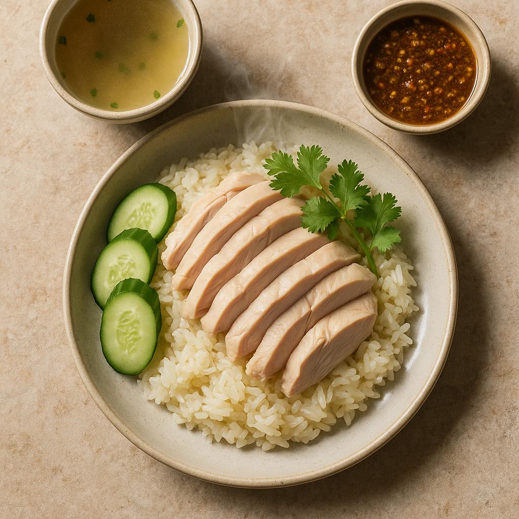 Serviervorschlag Khao Man Gai: zartes Hähnchen auf Ingwer-Jasminreis mit Gurke, Koriander, Nam-Jim-Sauce und klarer Brühe – authentisches Thai-Rezept