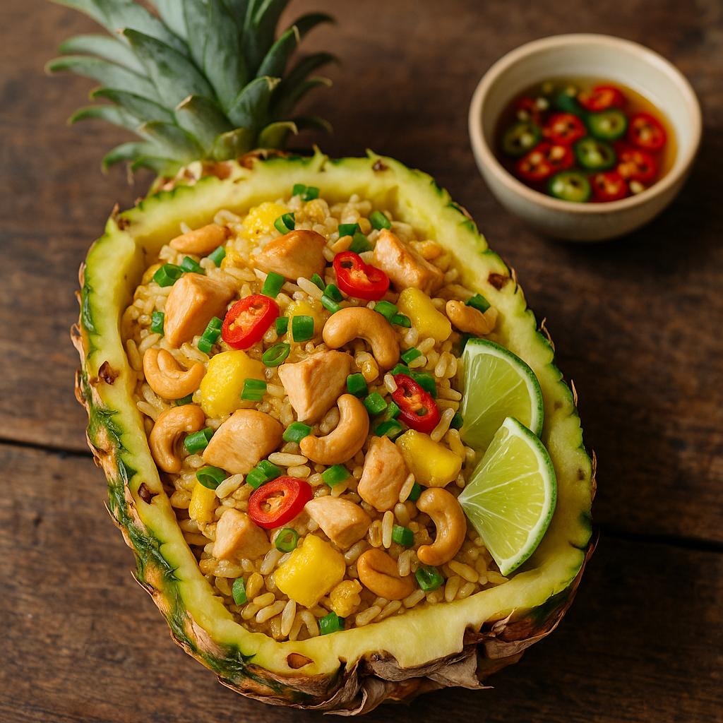 Thai Ananas‑Bratreis (Khao Pad Sapparot) im Ananasschiffchen mit Cashews, Frühlingszwiebeln, Chili und Limetten – authentisches Rezept