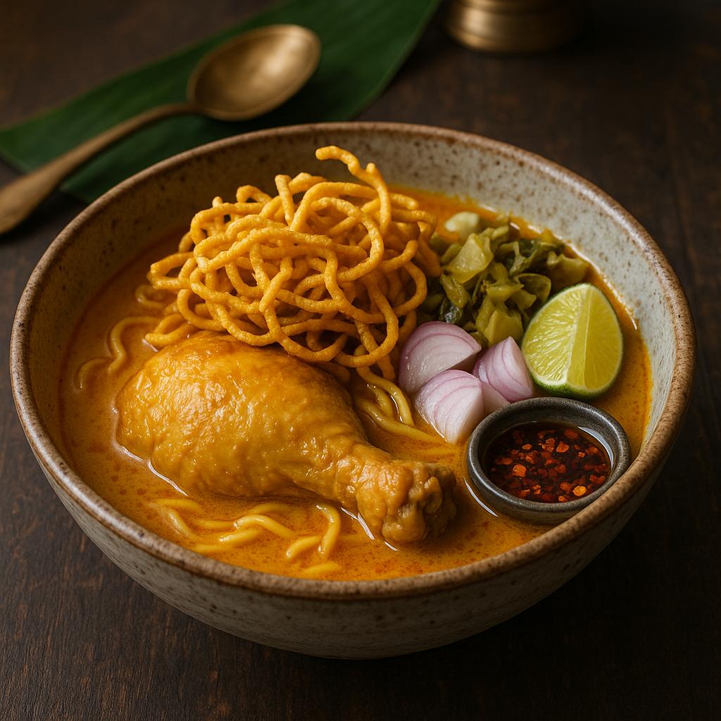 Schale Khao Soi Gai mit goldener Kokos‑Curry‑Brühe, Hähnchenkeule, weichen und knusprigen Eiernudeln, Senfkohl, Schalotten und Limette – authentisches Rezept aus Chiang Mai