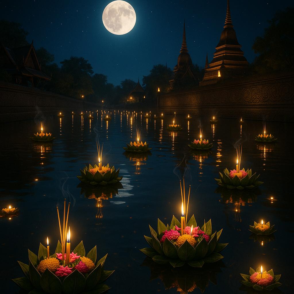 Loy Krathong Festival in Thailand: Schwimmende Krathongs mit Kerzen und Blumen auf einem Fluss im November, ohne Personen im Bild