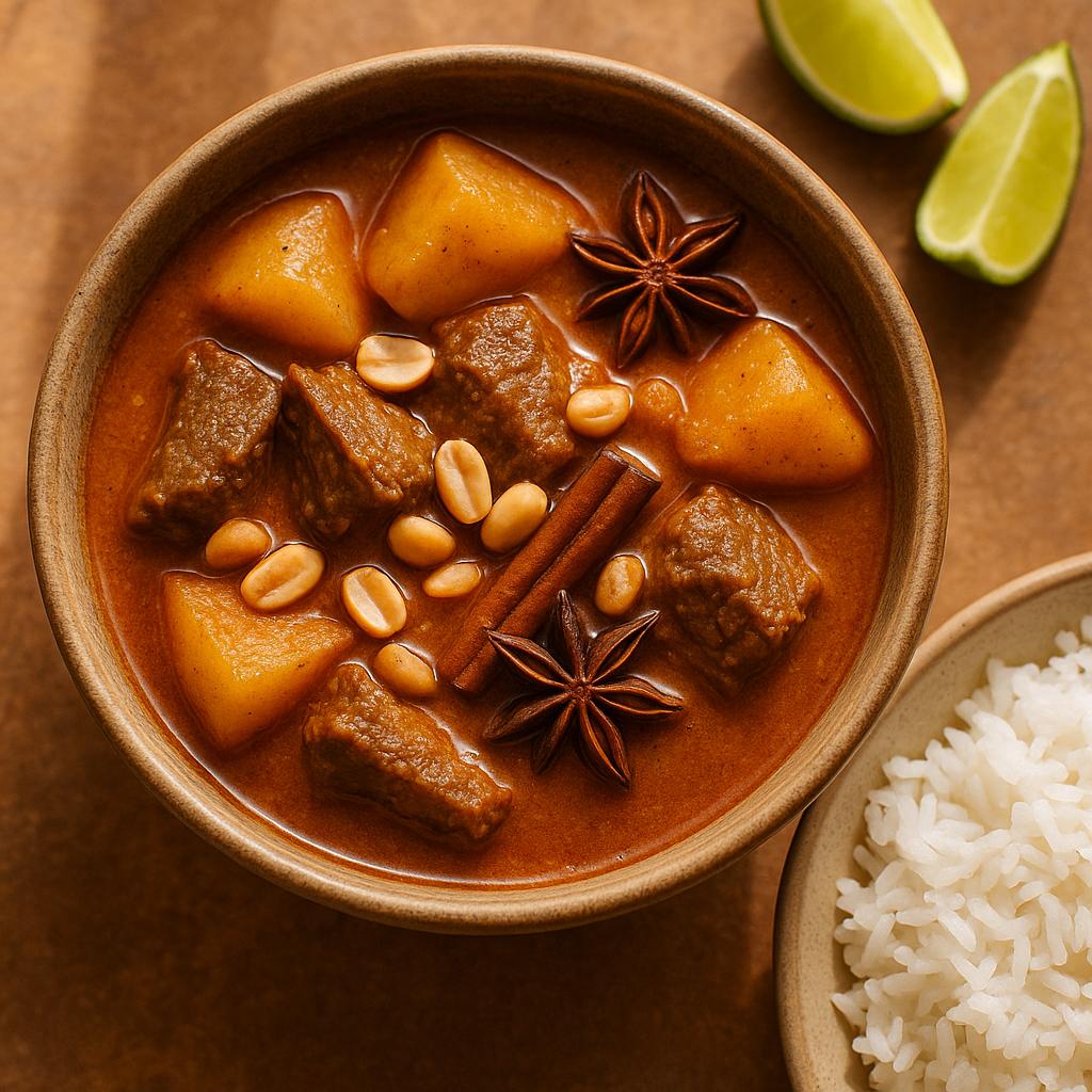 Massaman Curry mit Rind und Kartoffeln in cremiger Kokossoße mit Erdnüssen – authentisches Thai Rezept