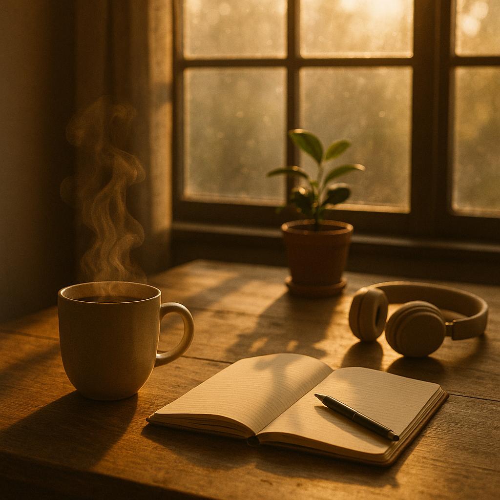 Stillleben zur Morgenroutine mit Sonnenlicht, offenem Notizbuch, Kaffeetasse und Zimmerpflanze auf Holztisch, ohne Personen