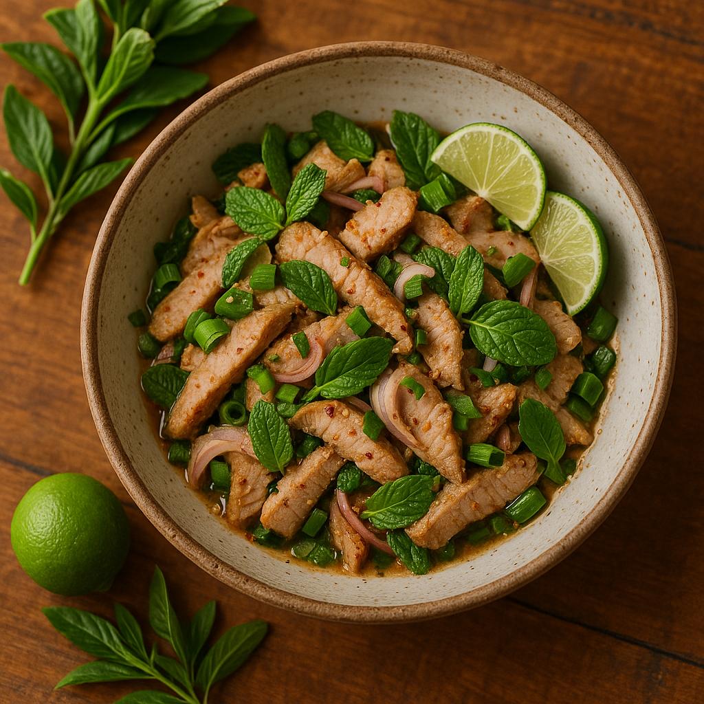 Nam Tok Moo Rezept: thailändischer Schweinefleischsalat mit Minze, Limette, Schalotten und geröstetem Reis in einer Schale, serviert mit Klebreis
