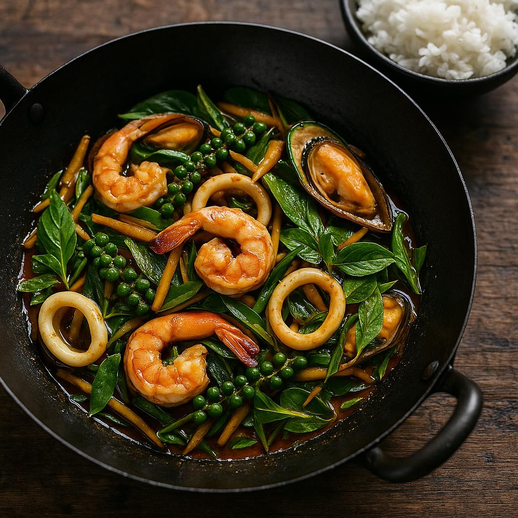 Pad Cha Talay Rezept: würziges thailändisches Meeresfrüchte-Pad Cha mit Krachai, frischen grünen Pfefferkörnern und Thai-Basilikum, serviert mit Jasminreis