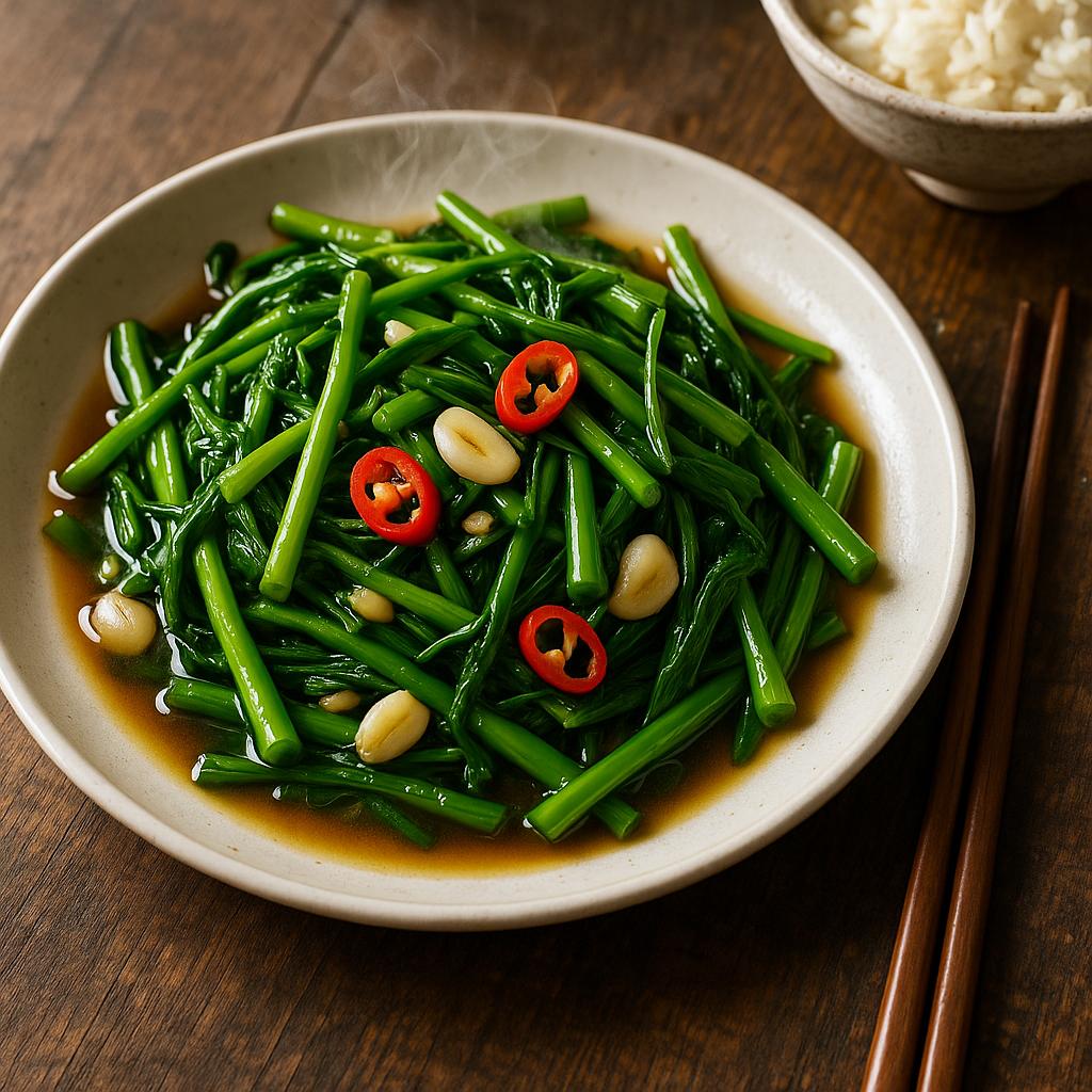 Pad Pak Boong Fai Daeng auf Teller – gebratener Wasserspinat mit Knoblauch, Chili und glänzender Wok-Sauce, serviert mit Jasminreis