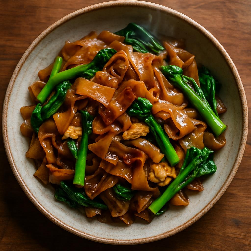 Pad See Ew Rezept: Breite Reisnudeln mit chinesischem Brokkoli und Ei, im Wok mit dunkler Sojasauce gebraten
