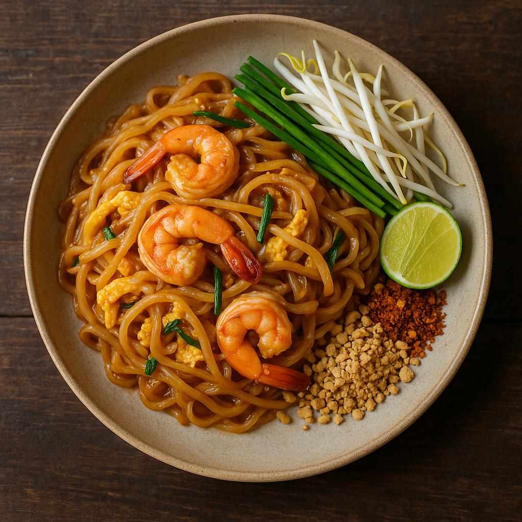 Pad Thai mit Garnelen, Tamarindensauce, Erdnüssen und Limette – authentisches thailändisches Nudelgericht