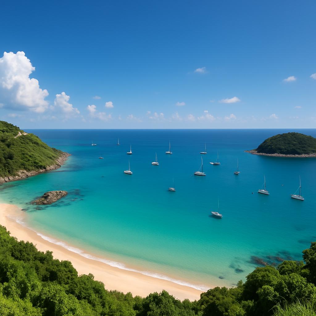 Nai Harn Beach auf Phuket aus der Vogelperspektive: kristallklares, türkisblaues Wasser, blauer Himmel, grüne Hügel und die vorgelagerte Insel Koh Man