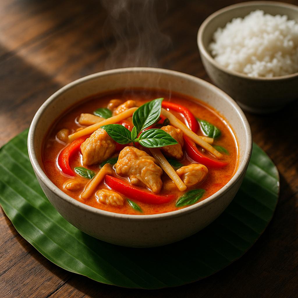 Rotes Thai‑Curry mit Hähnchen, Bambus, Paprika und Thai‑Basilikum in einer Schale, serviert mit Jasminreis – authentisches Gaeng Daeng Rezept