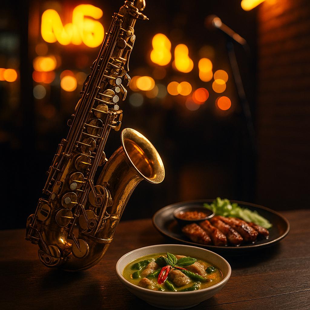 Symbolisches Nachtbild: Saxofon vor warmen Neonlichtern in Bangkok, daneben thailändische Speisen – ohne Personen, stimmig für Live‑Musik und Essen nahe Victory Monument.