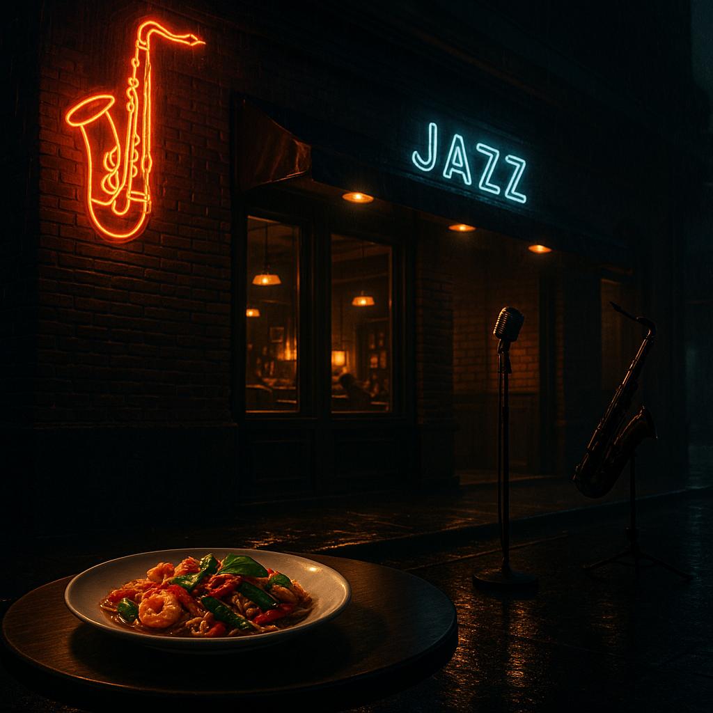 Außenansicht eines Jazzclubs in Bangkok mit neonfarbenem Saxofon‑Logo, Bühne und thailändischer Speise im Vordergrund, ohne Personen
