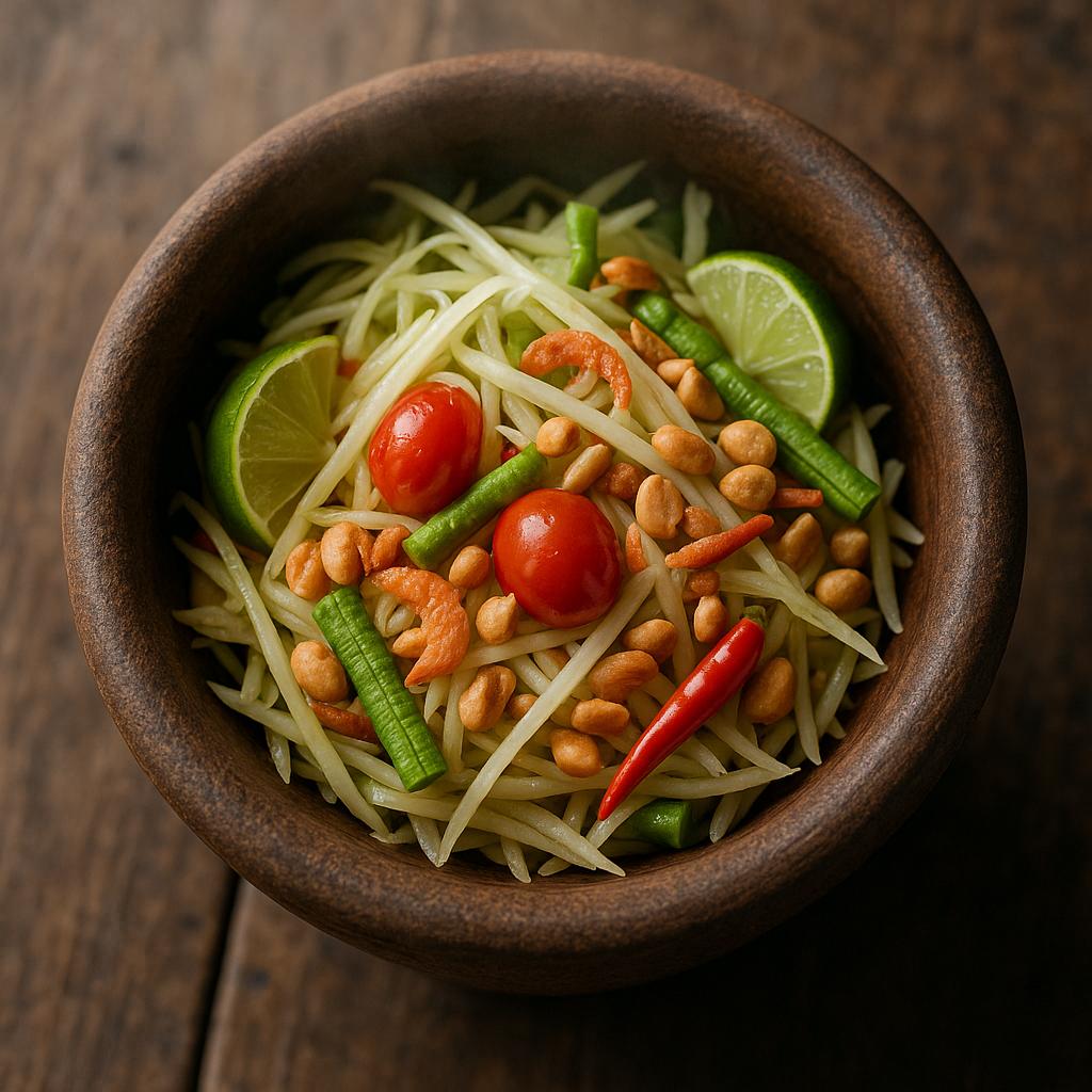 Som Tam Thai, grüner Papayasalat mit Tomaten, Bohnen, Erdnüssen und Limette im Tontopf – frisches, authentisches Thai-Rezept