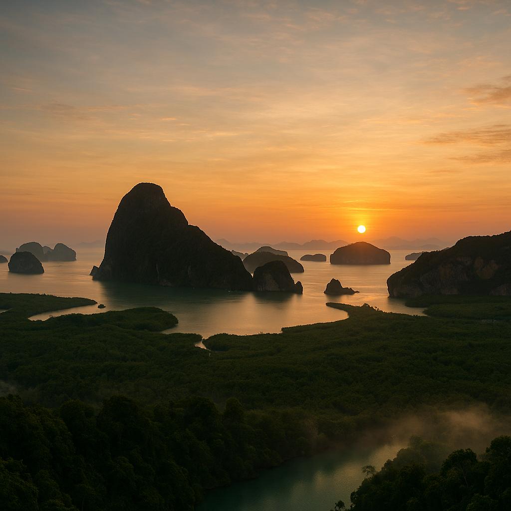 Weitwinkel-Panorama vom Samet Nangshe Viewpoint in Phang Nga: goldener Sonnenaufgang über smaragdgrüner Phang-Nga-Bucht mit dramatischen Kalksteininseln, ohne Personen