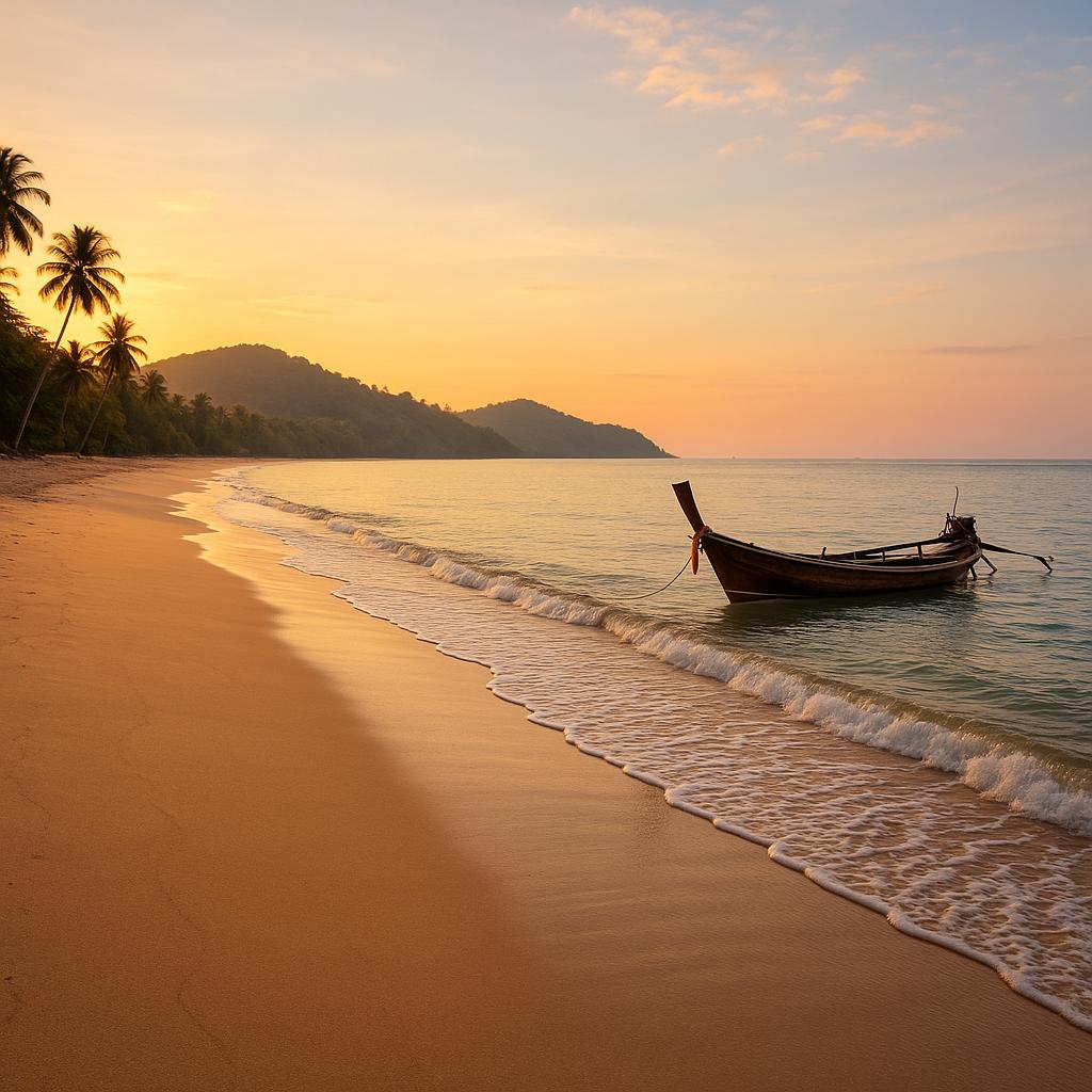 Goldener Sonnenuntergang am Klong Dao Beach auf Koh Lanta (Krabi): weiter Sandstrand, ruhige Wellen, Palmen und grüne Hügel – ohne Menschen, natürlich und entspannt
