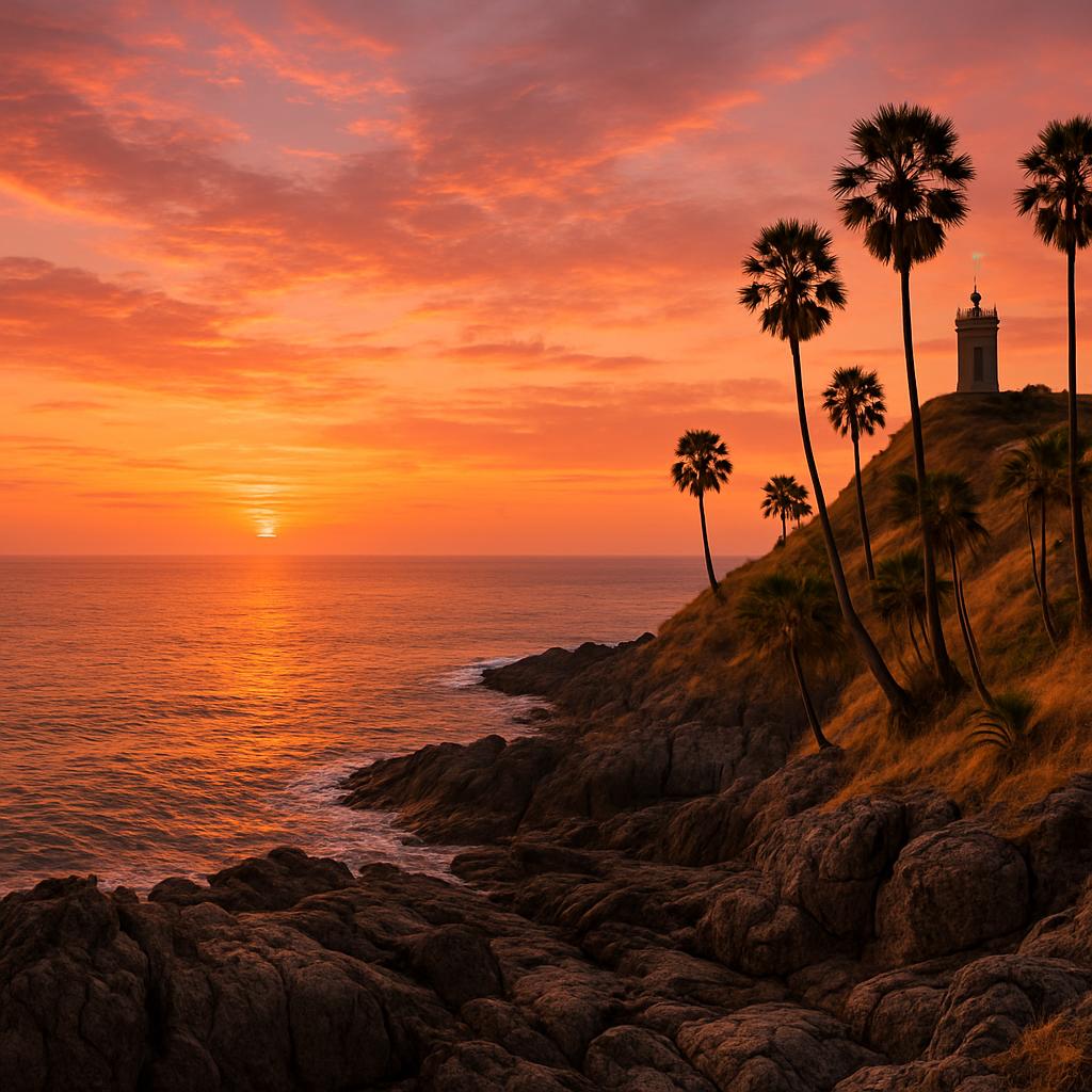 Promthep Cape (Laem Phromthep) auf Phuket bei Sonnenuntergang mit Golden-Jubilee-Leuchtturm, Palmen und Andamanensee – ikonischer Sunset-Aussichtspunkt in Thailand
