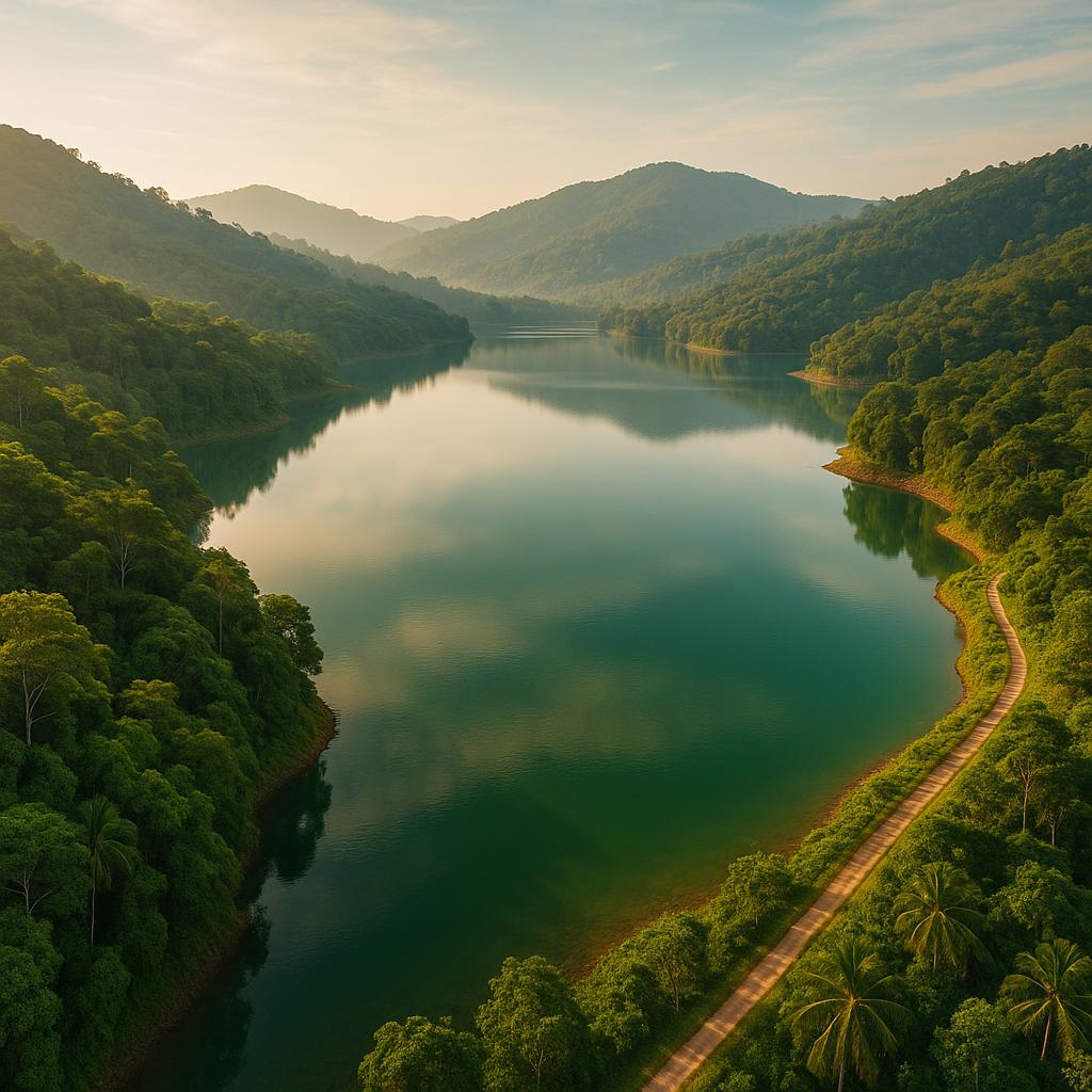 Bang-Wad-Reservoir auf Phuket bei Sonnenaufgang mit tropischem Grün und Laufweg – Fitness & Ausdauertraining in Thailand