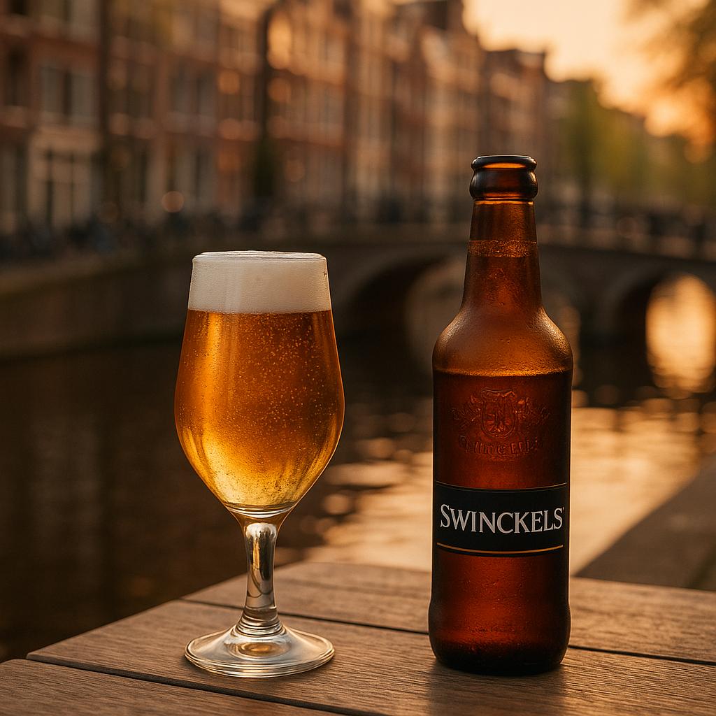 Goldgelbes Swinckels Pils im Glas auf einem Holztisch am Kanal in Amsterdam mit Giebelhäusern und Brücke im Hintergrund, ohne Personen