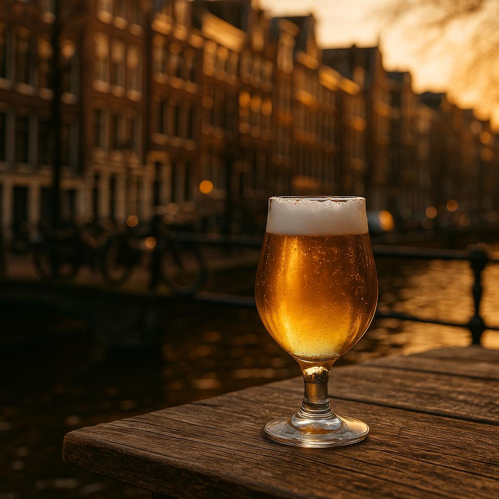 Hellgoldenes Pils im Glas auf Holztisch vor Amsterdamer Grachtenhäusern bei goldenem Licht, ohne Personen – perfekter Moment für Swinckels’ in Amsterdam