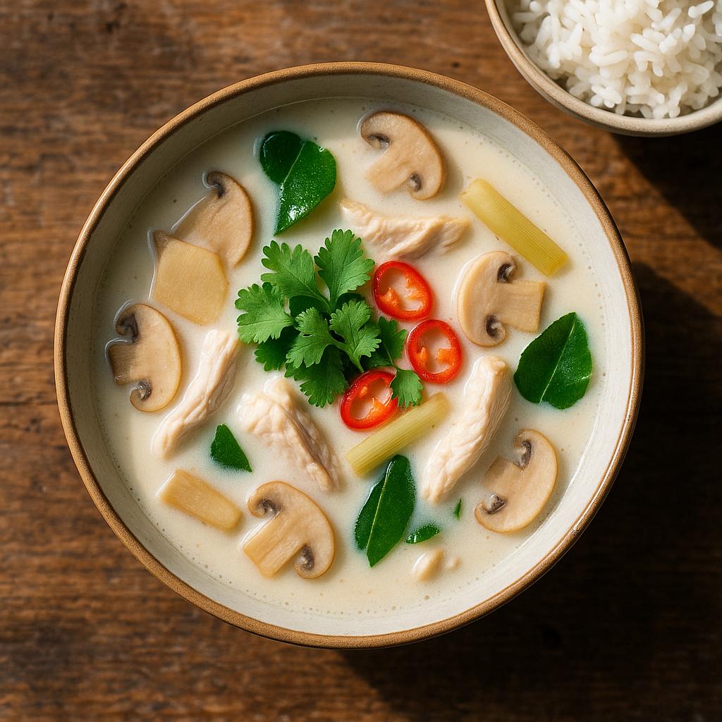 Tom Kha Gai – thailändische Kokossuppe mit Galgant, Zitronengras, Kaffirlimettenblättern, Pilzen und Hähnchen in einer Schale, serviert mit Jasminreis – authentisches Rezept
