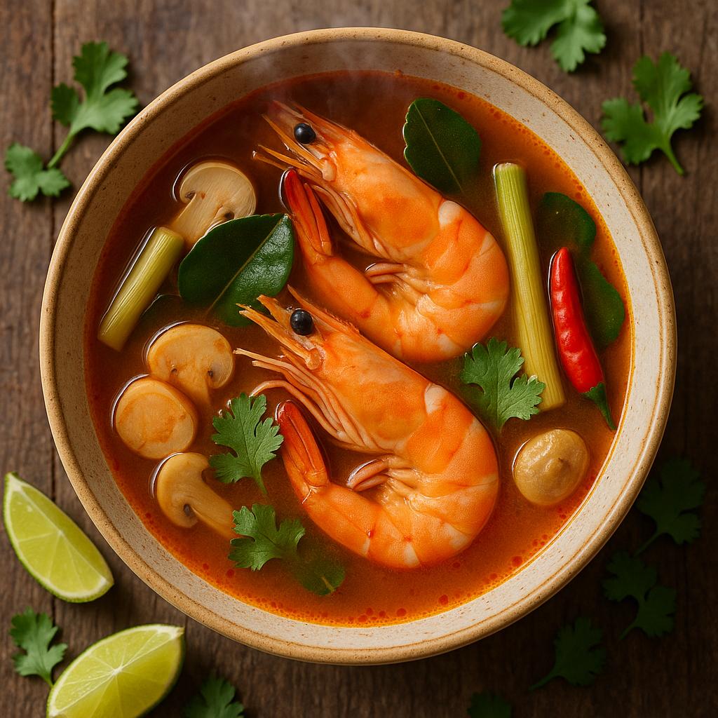 Tom Yum Goong: scharf-säuerliche thailändische Garnelensuppe mit Garnelen, Zitronengras, Galgant, Kaffir-Limettenblättern und Chili – authentisches Rezeptfoto