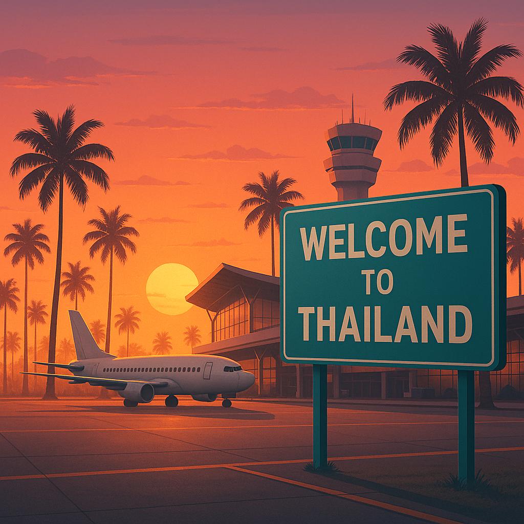 Symbolbild für visafreie Einreise nach Thailand mit tropischem Flughafen bei Sonnenuntergang und Willkommensschild