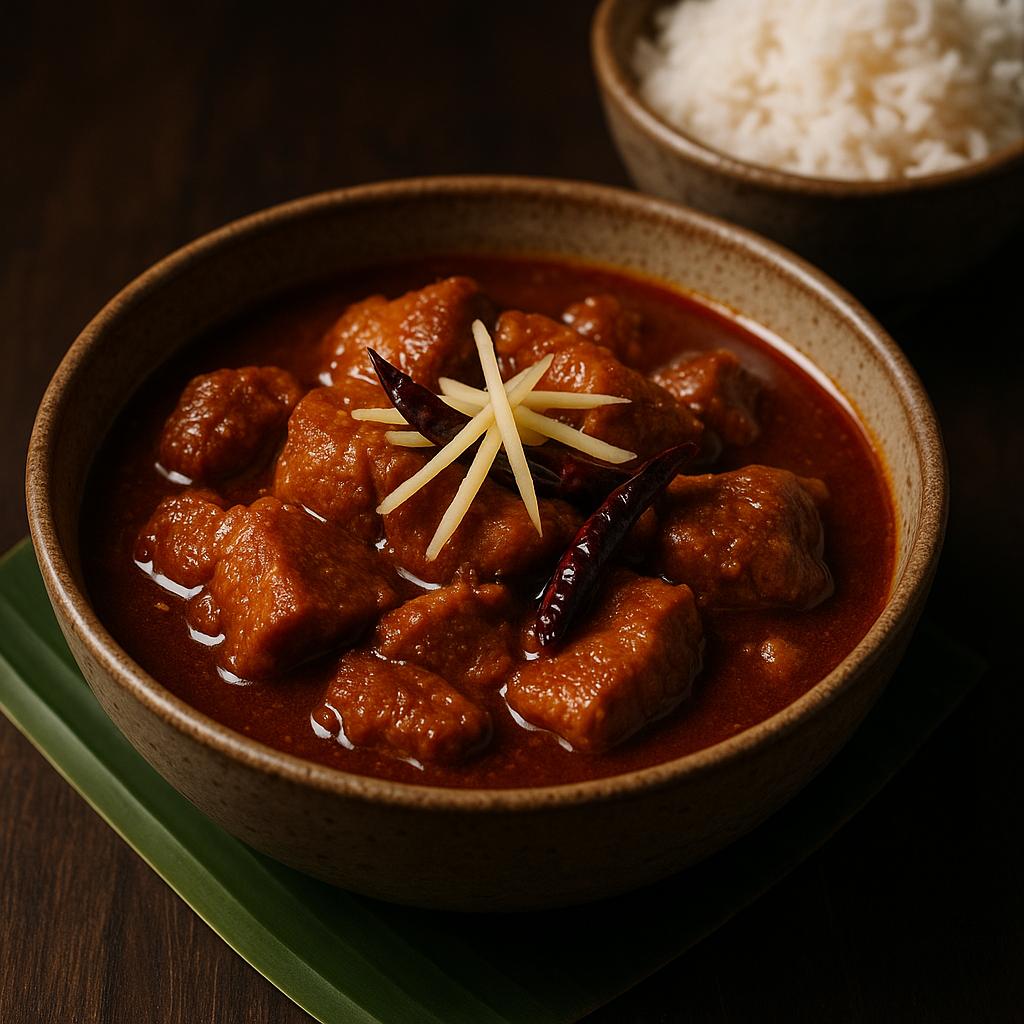 Gaeng Hang Lay Rezeptfoto: nordthailändisches Schweinecurry mit Tamarinde, Ingwer und zart geschmortem Schweinefleisch, serviert mit Jasminreis