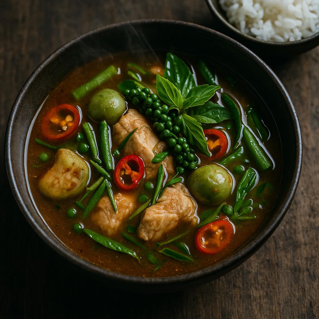 Thailändisches Jungle Curry Gaeng Pa Gai ohne Kokosmilch mit Hähnchen, Thai-Auberginen, Makrutblättern und Basilikum in rustikaler Schale, serviert mit Jasminreis