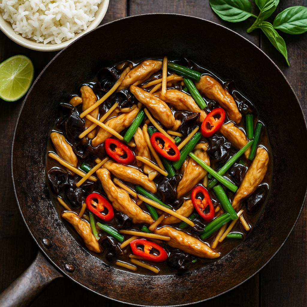 Gai Pad King, thailändisches Ingwer‑Hähnchen im Wok mit Mu‑Err‑Pilzen, Paprika und Frühlingszwiebeln, serviert mit Jasminreis – authentisches Thai‑Rezept