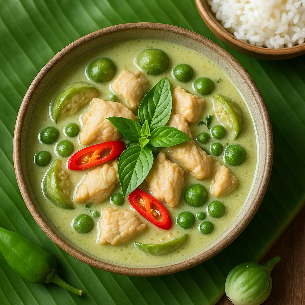 Schüssel mit grünem Thai‑Curry (Gaeng Keow Wan) mit Hähnchen, Thai‑Auberginen, roten Chilistreifen und frischem Thai‑Basilikum, serviert mit Jasminreis