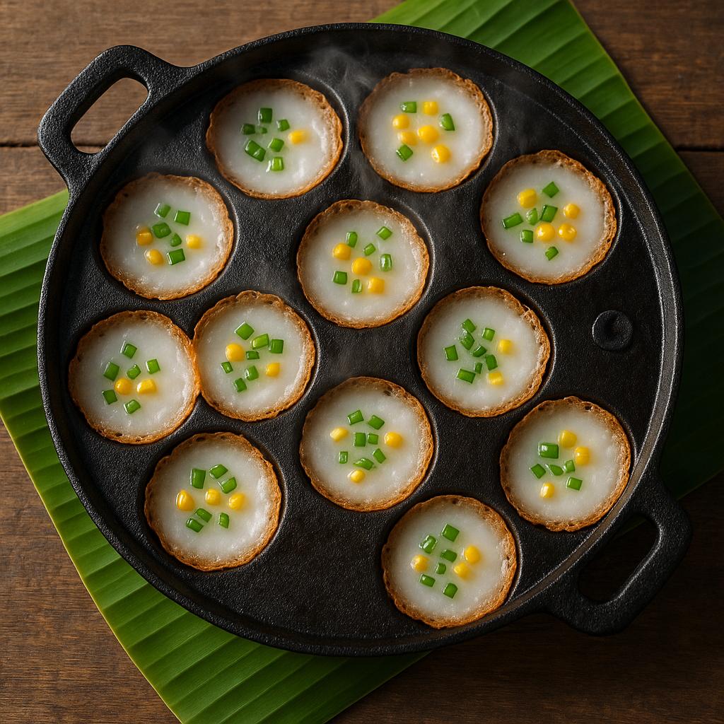 Khanom Krok – thailändische Kokos‑Reispfannküchlein mit knusprigem Rand und cremiger Kokosfüllung auf Bananenblatt, authentisches Thai Streetfood Rezept