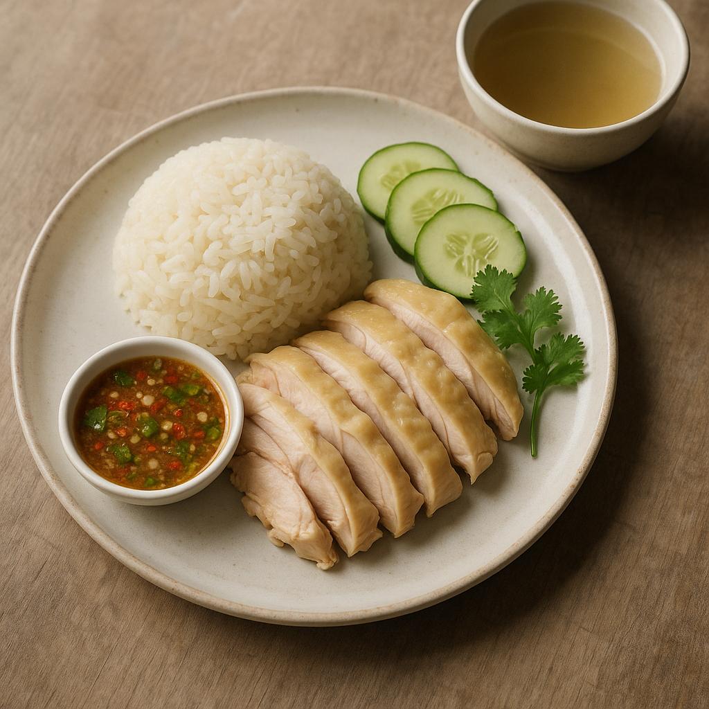 Khao Man Gai auf Teller: duftender Jasminreis, zartes Hähnchen, Ingwer-Limetten-Dip und Gurkenscheiben – authentisches Thai-Rezept