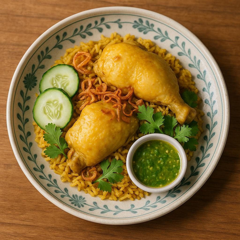 Khao Mok Gai Rezept: Thai‑Biryani mit Hähnchenschenkel auf kurkumaduftigem Jasminreis, serviert mit Röstzwiebeln, Gurke und grüner Sauce