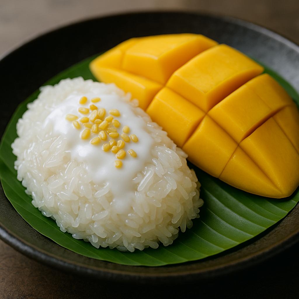 Khao Niao Mamuang – Mango Sticky Rice mit Klebreis, Kokossoße und reifer Mango auf Bananenblatt, thailändisches Dessert