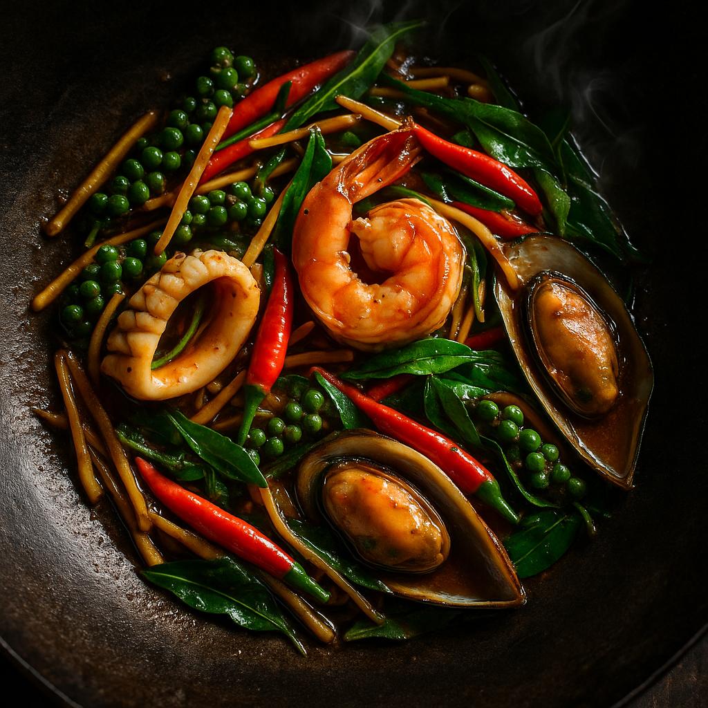 Pad Cha Talay im Wok mit Garnelen, Tintenfisch, Fingerwurz, Kaffir-Limettenblättern und grünem Pfeffer – authentisches thailändisches Wokgericht